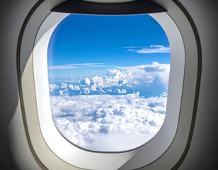 View of fluffy clouds through oval aircraft window