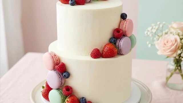 An elegant two-tier cake, frosted in pristine white, beautifully adorned with vibrant fresh strawberries, raspberries, blueberries, and an assortment of colorful pastel macarons. The delightful desser