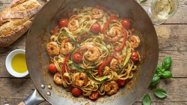 An enticing overhead shot showcases a vibrant and freshly cooked pasta dish served in a rustic metal pan on a textured wooden table. The delectable meal features tender shrimp, broad ribbon pasta, bri