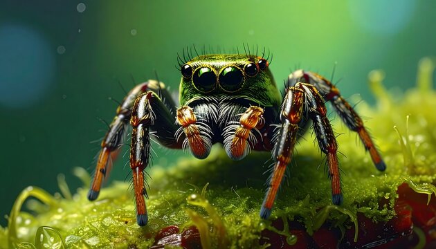 Detailed macro shot of a vibrant jumping spider with four eyes on mossy surface