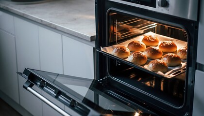Open oven door revealing a tray of freshly baked buns, soft golden light illuminating warm crusts, cozy bakery atmosphere with steam and homemade bread freshness.