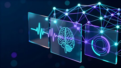 Futuristic glass panels with pulse line, brain icon and circular chart against a glowing neural network background, representing digital health analytics, AI diagnostics and medical technology.