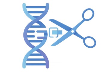 Minimal flat illustration of DNA double helix with scissors and cut icon, symbolizing gene editing, CRISPR technology, genetic engineering and modern biotechnology on a white background.