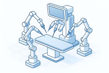 Isometric illustration of a robotic surgery system with multiple articulated arms and a central operating table, symbolizing minimally invasive procedures, medical robotics and smart hospital technolo