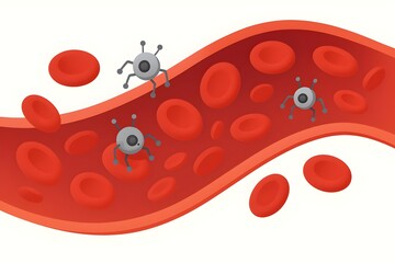 Stylized illustration of tiny medical nanorobots moving inside a blood vessel among red blood cells, symbolizing nanomedicine, targeted drug delivery and futuristic healthcare technology.