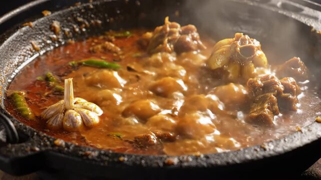 Extreme close-up of slow simmering Champaran mutton curry bubbling intensely within a rugged, traditional cast iron pot over low heat detail, traditional, bubbling intensely