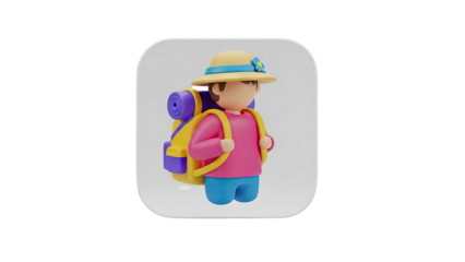 3D cartoon traveler with backpack and hat on transparent background