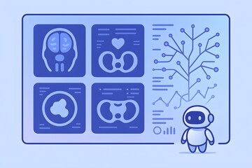 Cute medical AI robot standing beside a large diagnostic screen with organ scans, decision tree and analytics charts, symbolizing artificial intelligence, radiology support and smart healthcare.