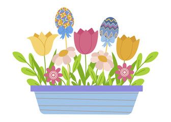 Colorful Easter Eggs and Flowers in a Planter Illustration