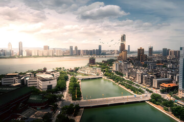 Nanchang Cityscape with Lake and Modern Skyline at Golden Hour