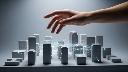 Hand Reaching for Miniature Cityscape Buildings.