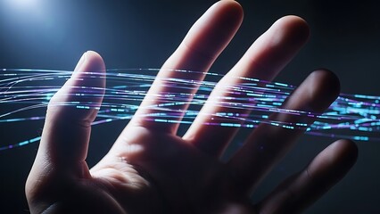 Hand Touching Futuristic Digital Interface Screen.
