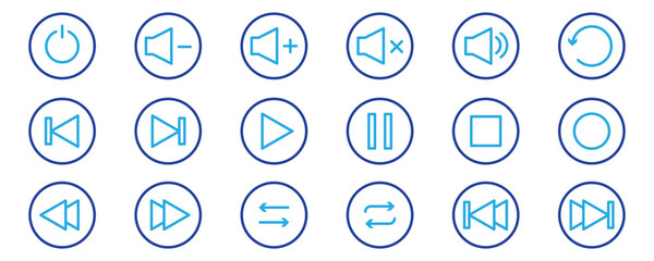 Play button icon set. Start audio or video action symbol. Vector illustration. Editable stroke.