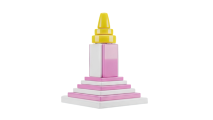 3D Stacked geometric blocks forming a tower on transparent background