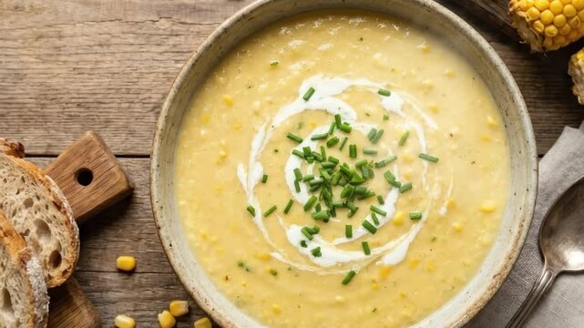 An inviting overhead shot captures a rich, creamy golden corn soup, beautifully presented in a rustic ceramic bowl. A delicate swirl of fresh cream and vibrant green chopped chives garnish the warm, s