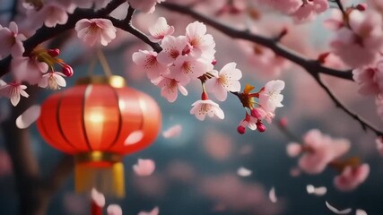 Cherry blossoms with red lantern during Lunar New Year