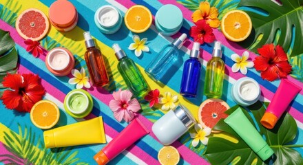 Vibrant cosmetic products with tropical fruits and flowers on striped backdrop