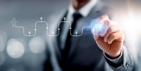 Journey to the goal, business planning concept. The interaction is simplified: Touching a glowing...