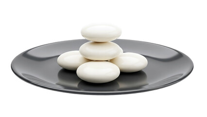 3D White spheres stacked on a dark plate on transparent background
