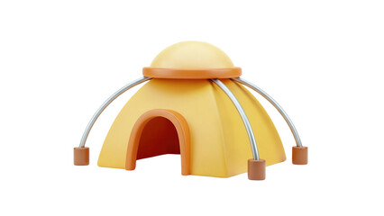 3D Yellow cartoon tent with orange accents and silver poles on transparent background