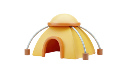 3D Yellow cartoon tent with orange accents and silver poles on transparent background