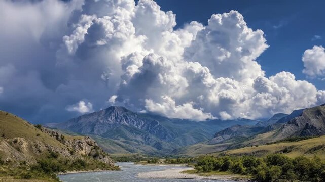 Dramatic cumulus clouds fill a blue sky above a vast mountain landscape. A serene river flows through a green valley, nestled between rugged peaks and undulating hills. This powerful natural vista hig