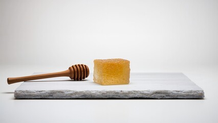 Minimalist studio shot of honeycomb block and wooden honey dipper on white marble.