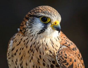 Detailed portrait showcasing the striking beauty of a falcon on a dark background