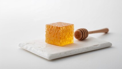 Golden Raw Honeycomb Cube and Dipper on Minimalist White Background.