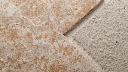 Textured natural marble stone slab edge meets rough dry cement powder background.