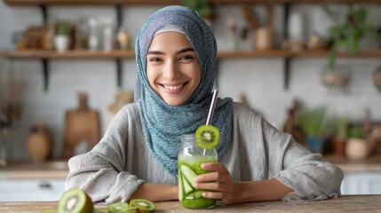 smiling woman in hijab enjoys refreshing green drink with ice cucumber ribbons and kiwi slices in glass mug holding metal straw at kitchen counter