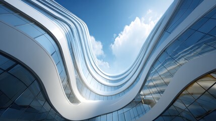 futuristic curved glass office building with sleek white facade reflecting blue sky modern corporate architecture and innovative urban design