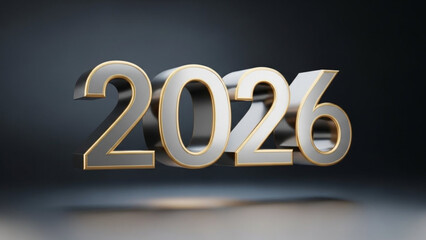 Silver 3d number 2026 on dark background with gold trim, futuristic new year concept