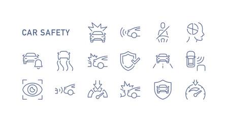 Car safety and driver protection icons set showing accident prevention, airbag, collision warning, and vehicle security elements designed for automotive industry, insurance and transport themes. © PaleStudio