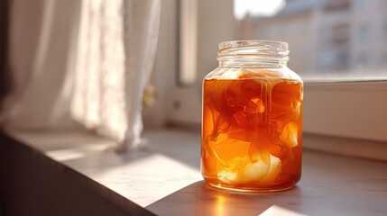 close up glass jar of fermenting kombucha tea with floating scoby culture on bright kitchen countertop in natural morning light