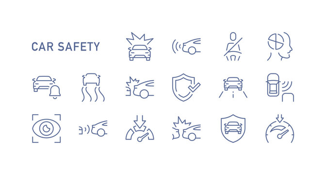 Car safety and driver protection icons set showing accident prevention, airbag, collision warning, and vehicle security elements designed for automotive industry, insurance and transport themes. - Powered by Adobe