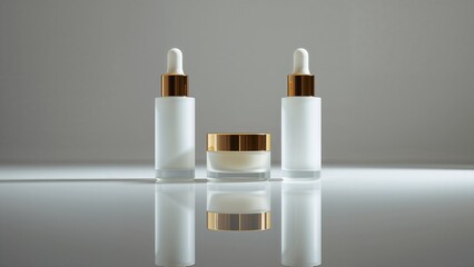 Minimalist frosted cosmetic bottles and cream jar with gold accents on gray background.
