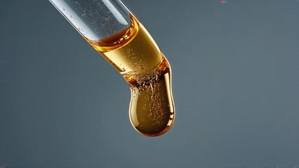 Macro shot of luxury golden cosmetic serum drops dripping from a glass pipette.