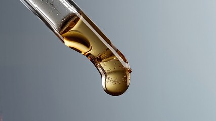 Golden oil drop falling from laboratory pipette. Skincare cosmetic serum macro.