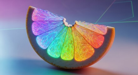 Vibrant digital slice, an orange wedge with neon web structures illustration