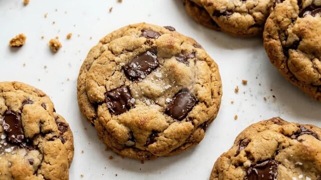 This appetizing close-up, top-down view showcases a collection of freshly baked, golden-brown cookies generously studded with rich, melted chocolate chunks and sprinkled with delicate flakes of sea sa