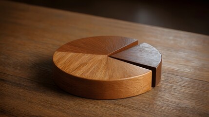 A handcrafted wooden pie chart composed of three distinct wood segments on a textured surface