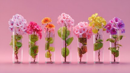 hydroponic plants growing with colorful flowers in clear water tubes on pink