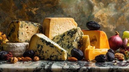 cheese background beautiful assortment of cheeses and vegetables in vintage style on a marble background for design