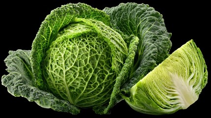 Obraz premium savoy cabbage a closeup shot of a head of savoy cabbage and a cut segment displaying its crinkled leaves and vibrant green hue symbolizing fresh produce and healthy eating