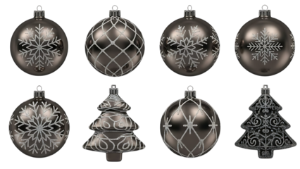 Collection Of Christmas Ornaments With Snowflakes And Trees On Black bauble decoration isolated on a transparent background