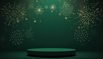 Festive Podium Presentation: A captivating scene features a minimalist podium against a backdrop of shimmering fireworks, ideal for product showcases and celebratory announcements. 