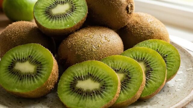 This inviting close-up showcases a tempting array of fresh kiwi fruit, artfully arranged on a rustic ceramic plate. Several whole, fuzzy brown kiwis are nestled alongside halves and neatly sliced segm