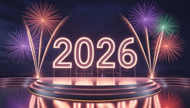 New Year 2026 Celebration: Fireworks light up the sky over a stage marking the dawn of 2026, creating a vibrant spectacle of joy, hope, and anticipation.