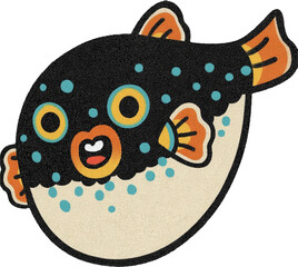 Cute pufferfish illustration with black spikes and vibrant teal and orange fins.